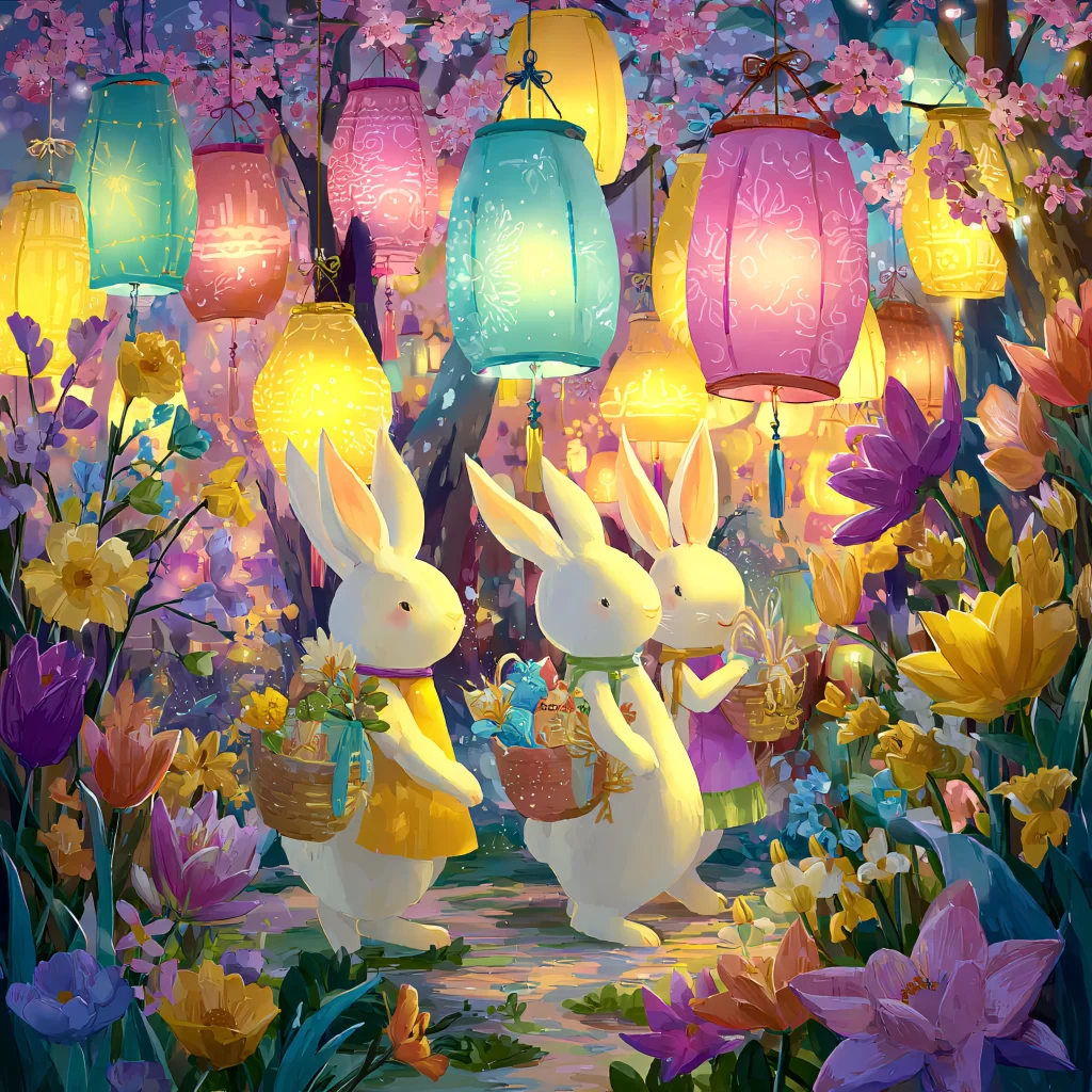 Easter Rabbits Flowers Lanterns Spring