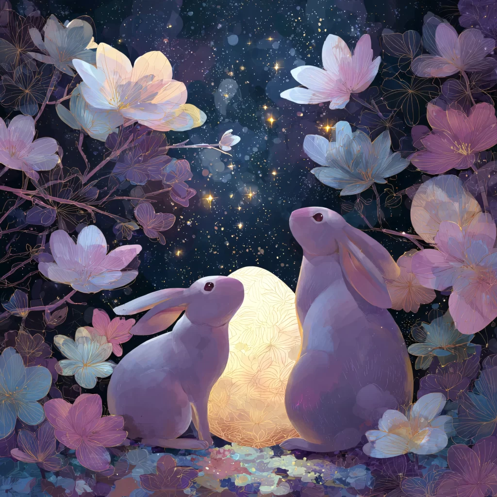 Easter Rabbit Flowers Night Pink Blue