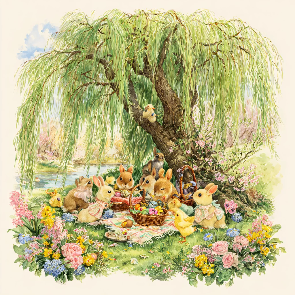 Easter Rabbits Yellow Flowers Spring