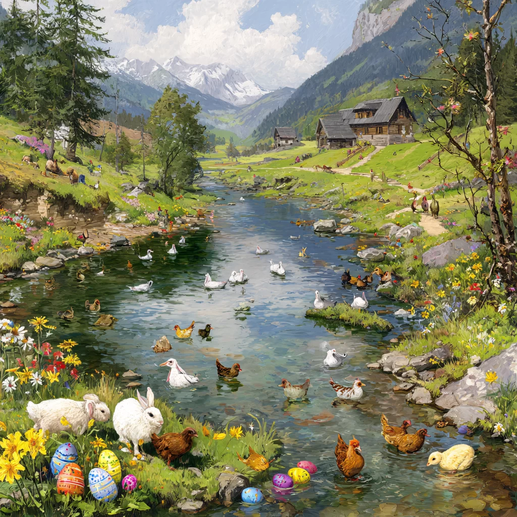 Easter River Rabbits Eggs Flowers