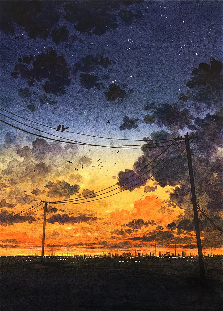 Electric Poles Sunset Orange Blue Clouds