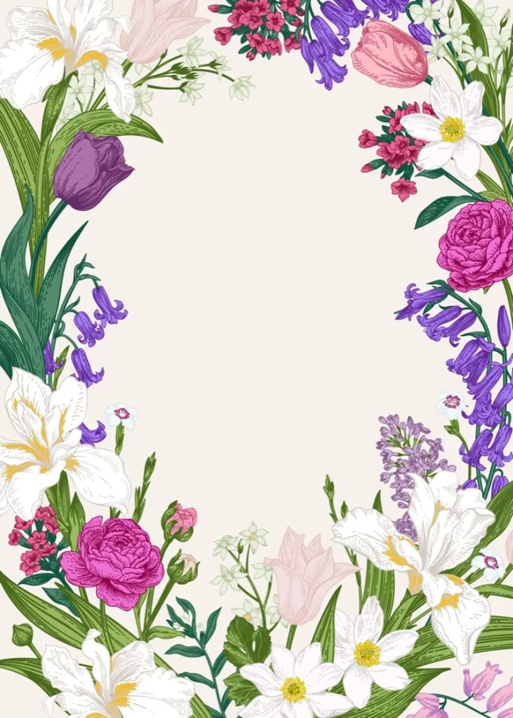 Elegant Floral Border Tulips Roses Irises Cream Background