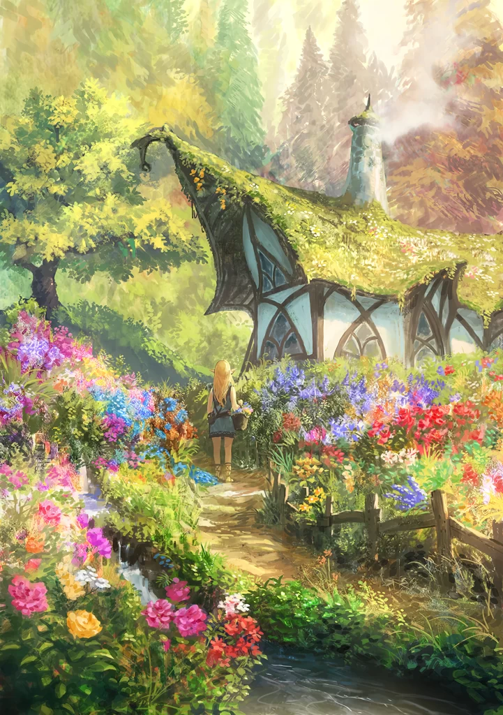 Enchanted Cottage Vibrant Flowers Greenery Sunlight