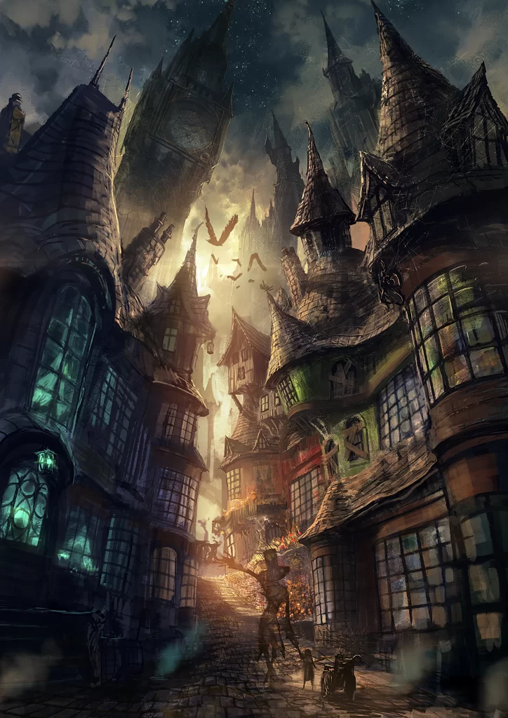 Enchanted Village Dark Blue Gothic Castle