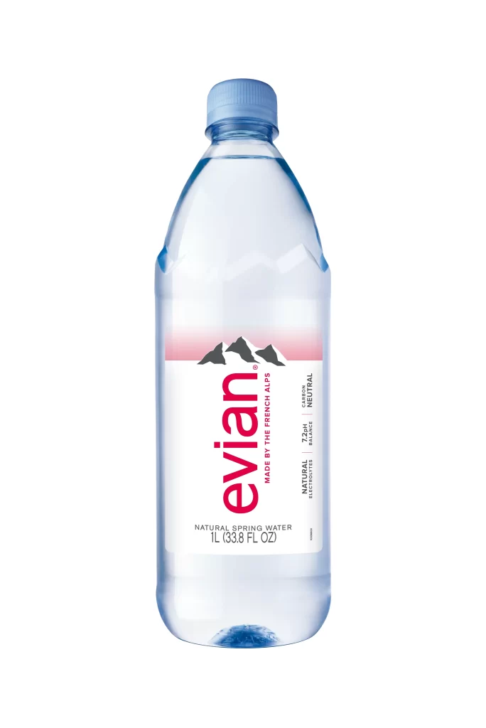 Evian Bottle Clear Red White Mountain