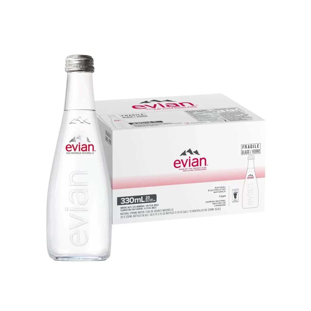 Evian Glass Bottle White Red