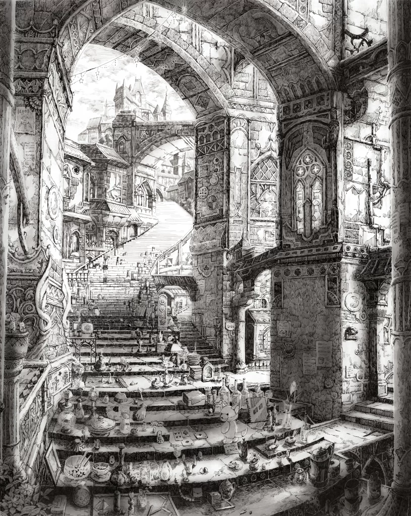 Fantasy Cityscape Monochromatic Gothic Intricate Details