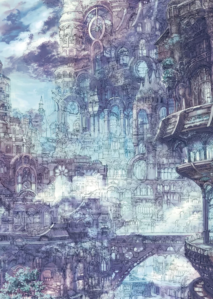 Fantasy Cityscape Pastel Hues Gothic Architecture