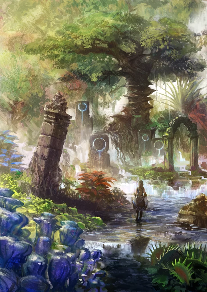Fantasy Landscape Ancient Ruins Lush Greenery