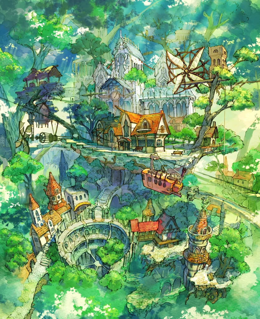 Fantasy Village Vibrant Greens Earthy Tones