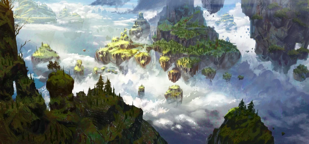 Floating Islands Vibrant Greens Blue Sky