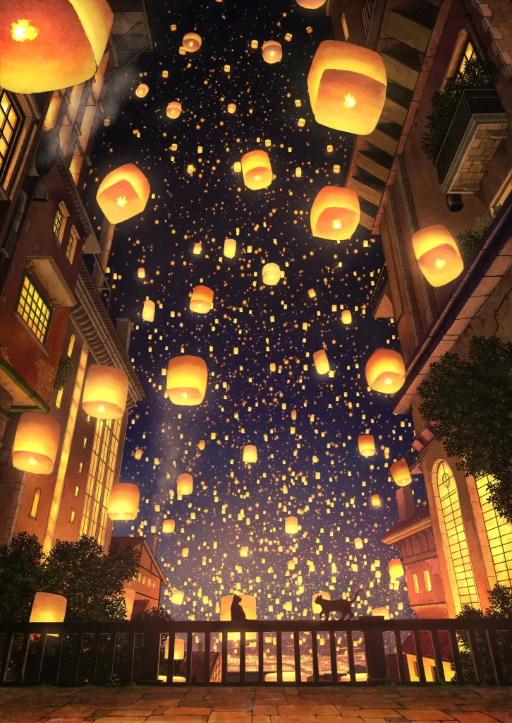 Floating Lanterns Night Sky Warm Yellow