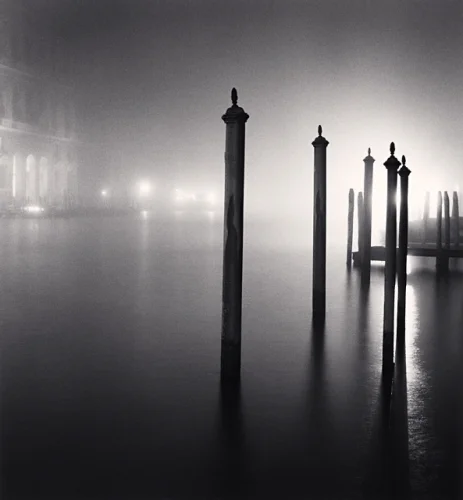 Foggy Harbor Poles Dramatic Atmospheric Mysterious