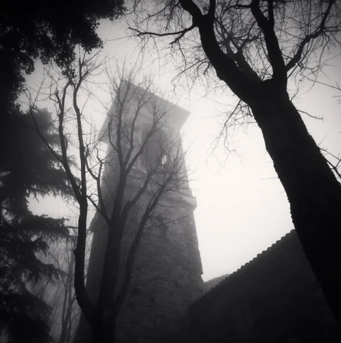 Foggy Tower Dramatic Atmospheric Architecture