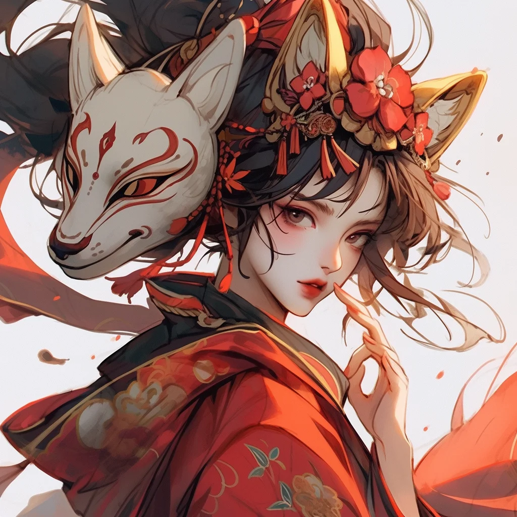 fox demon mask Japanese beautiful woman girl lady face colorful portrait animation cartoon