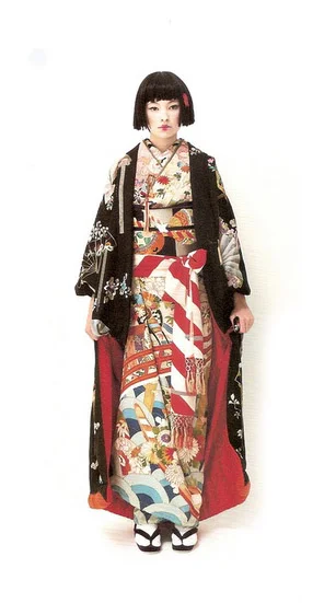 Furisode Kimono Black Floral Wave Geometric Festive Ceremonial