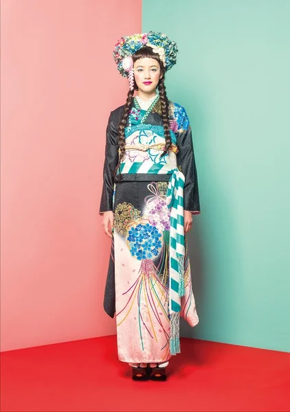 Furisode Kimono Black Floral Wave Stripe Elegant Ceremonial