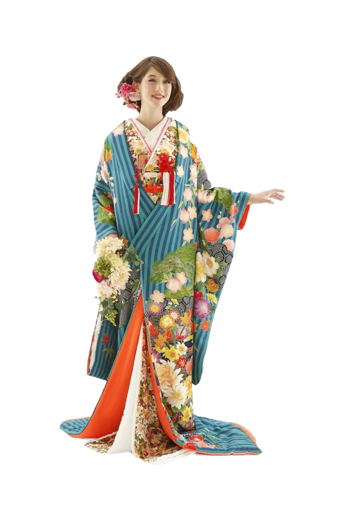 Furisode Kimono Blue Floral Cherry Blossom Elegant Ceremonial