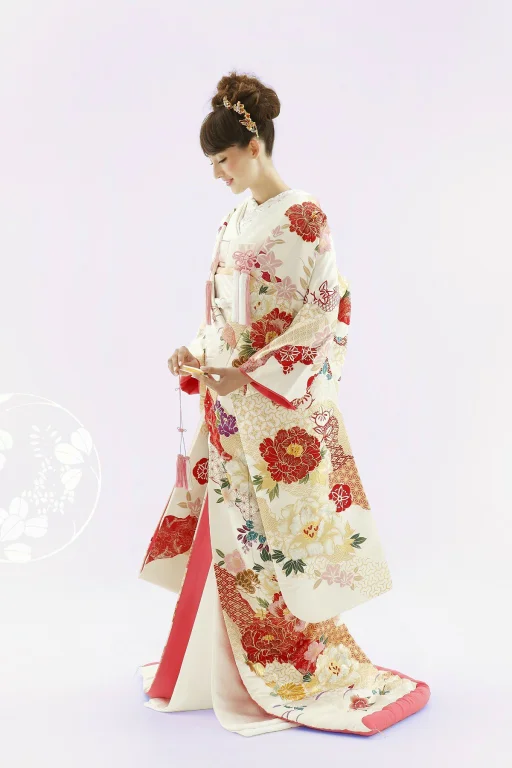 Furisode Kimono White Floral Red Cherry Blossom Elegant Ceremonial