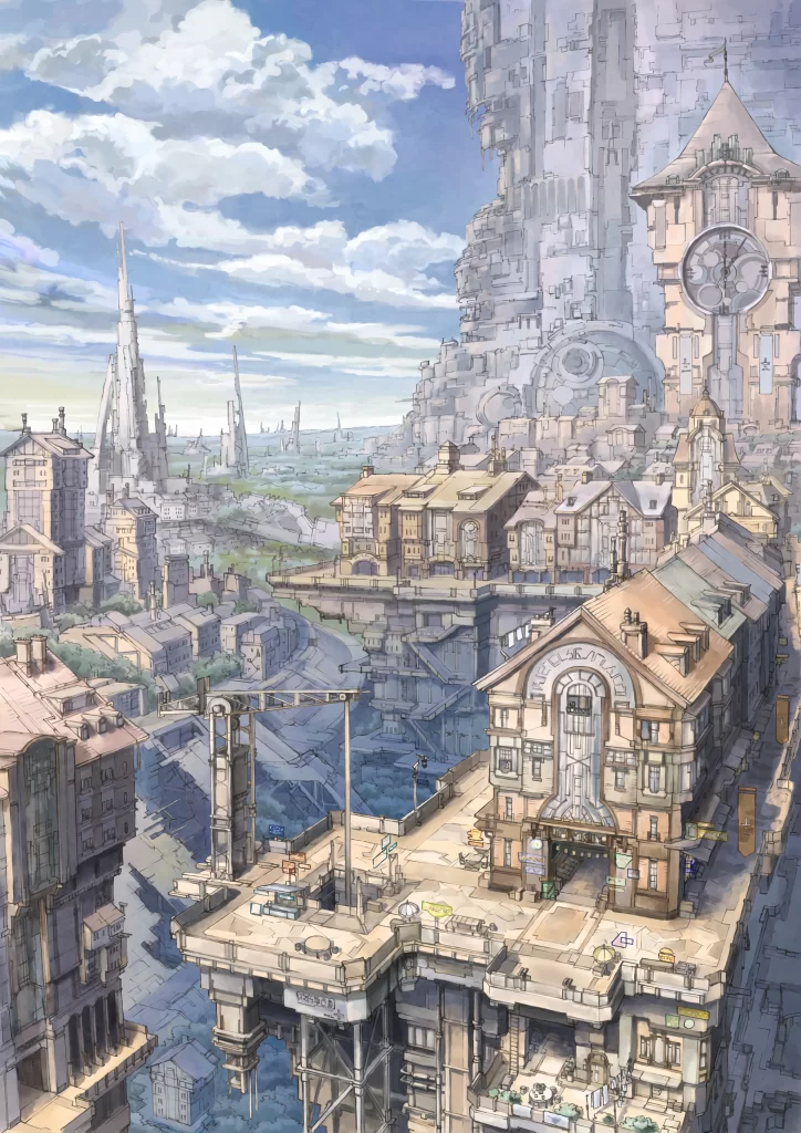 Futuristic Cityscape Blue White Industrial Architecture
