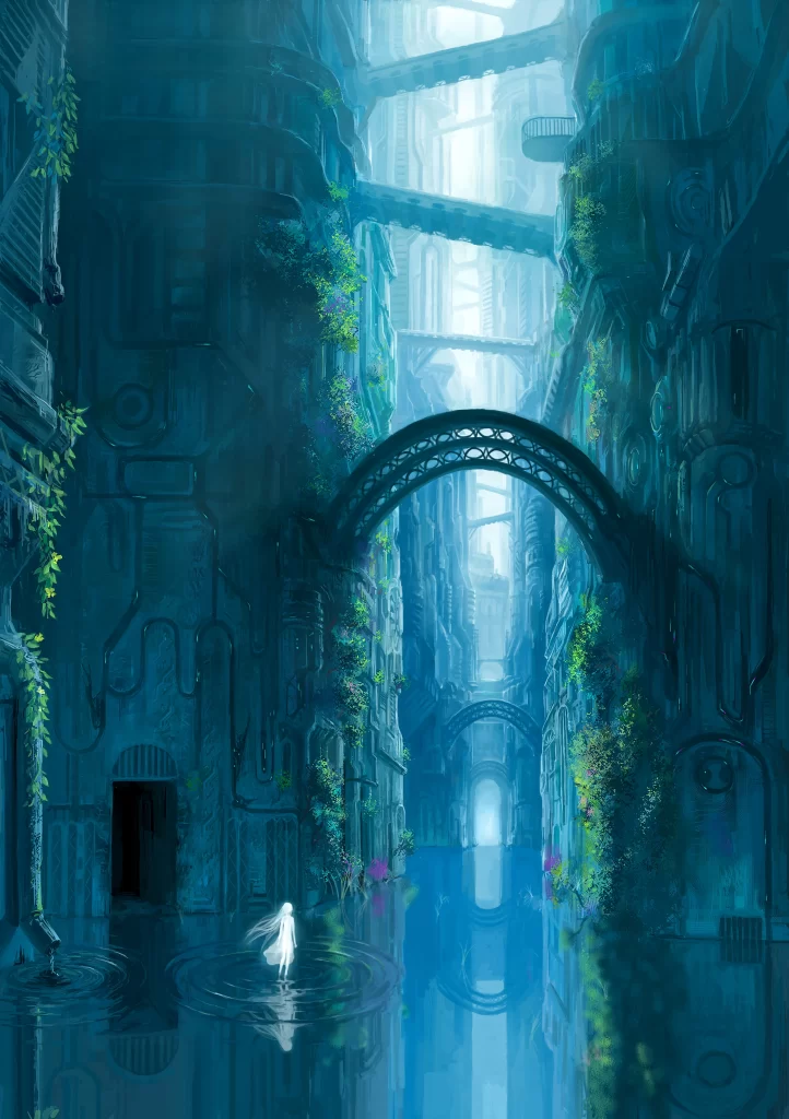 Futuristic Cityscape Blue Green Neon Lights