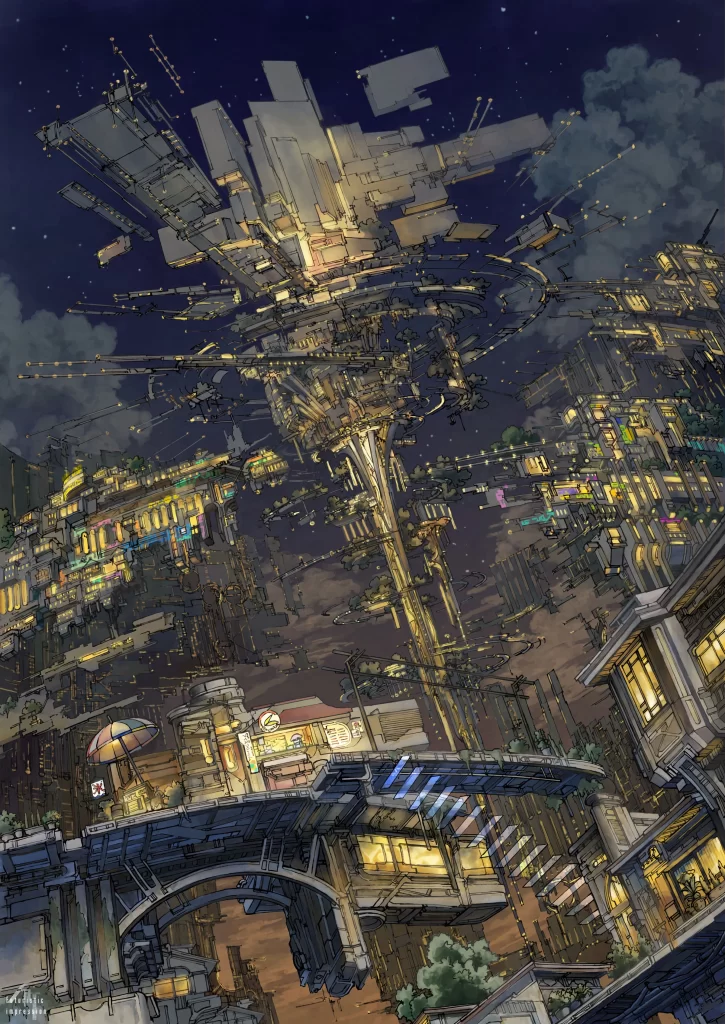 Futuristic Cityscape Blue Yellow Lights Tower