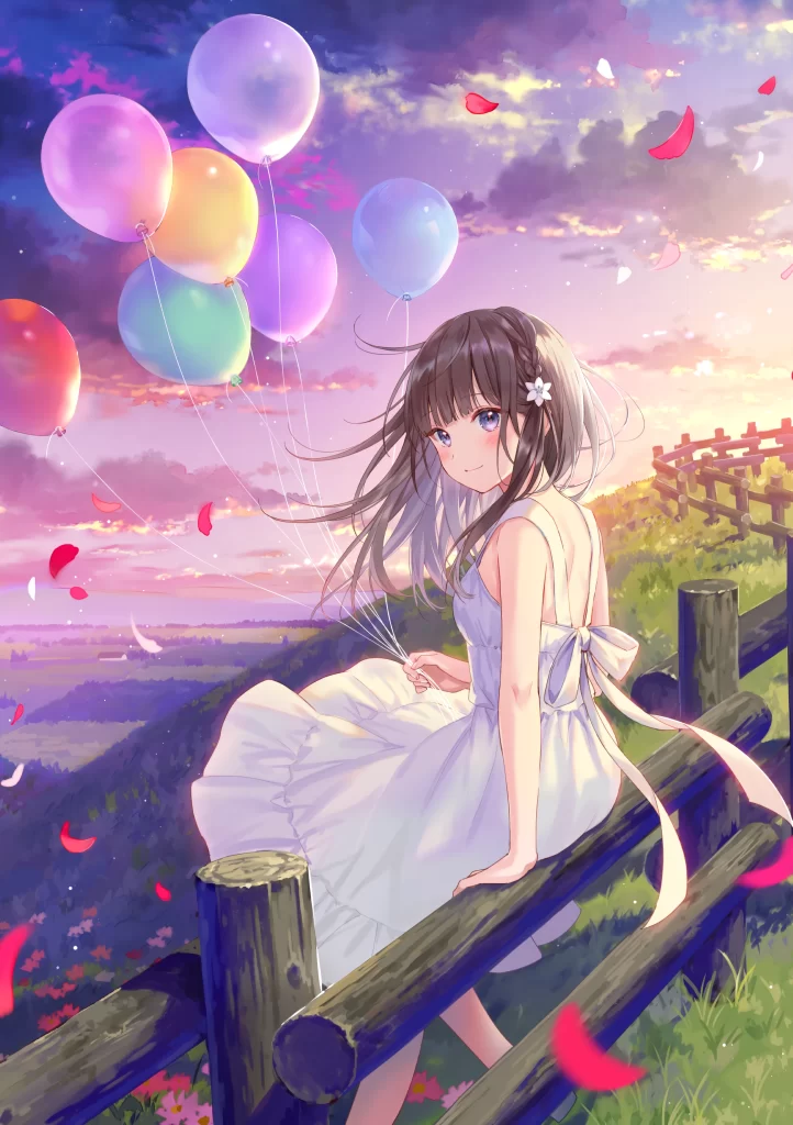 Girl Balloons White Dress Sunset Field
