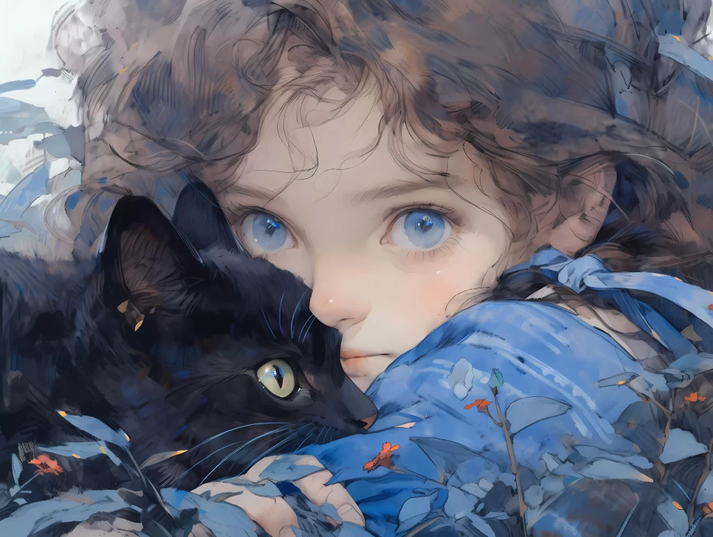 Girl Black Cat Blue Brown Fantasy