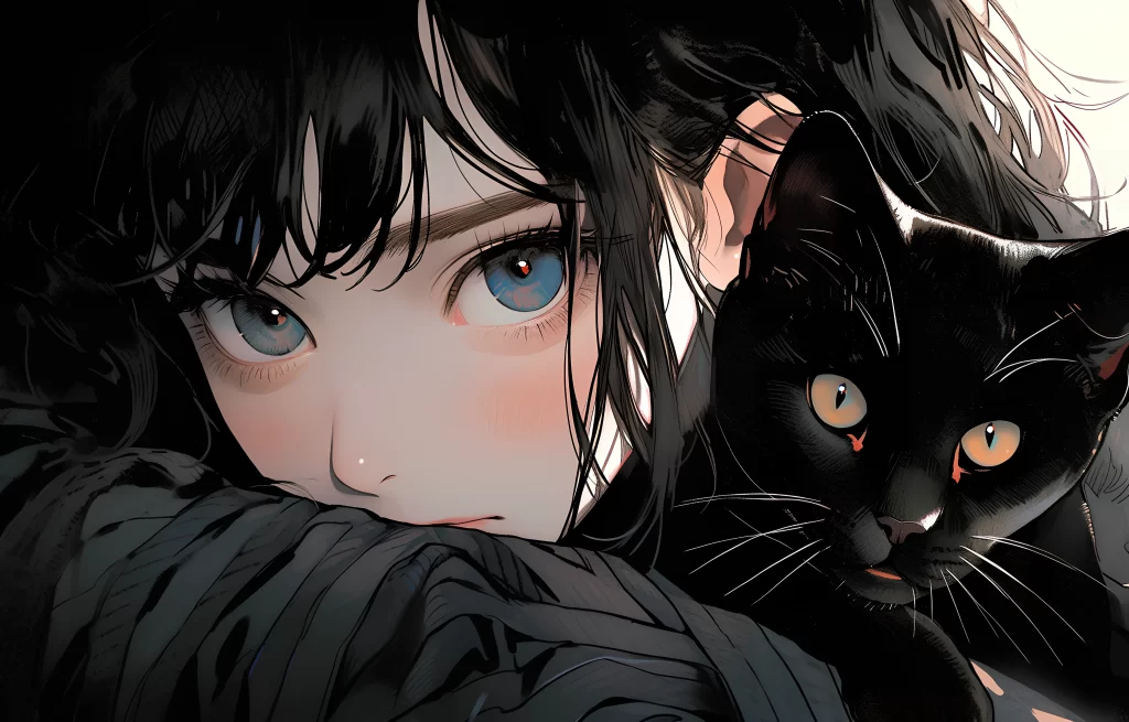 Girl Black Cat Blue Eyes Black