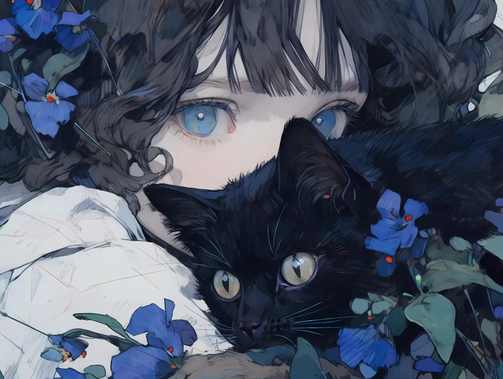 Girl Black Cat Blue Flowers Dark