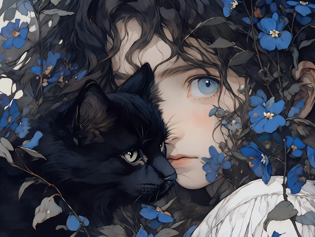 Girl Black Cat Blue Flowers 2