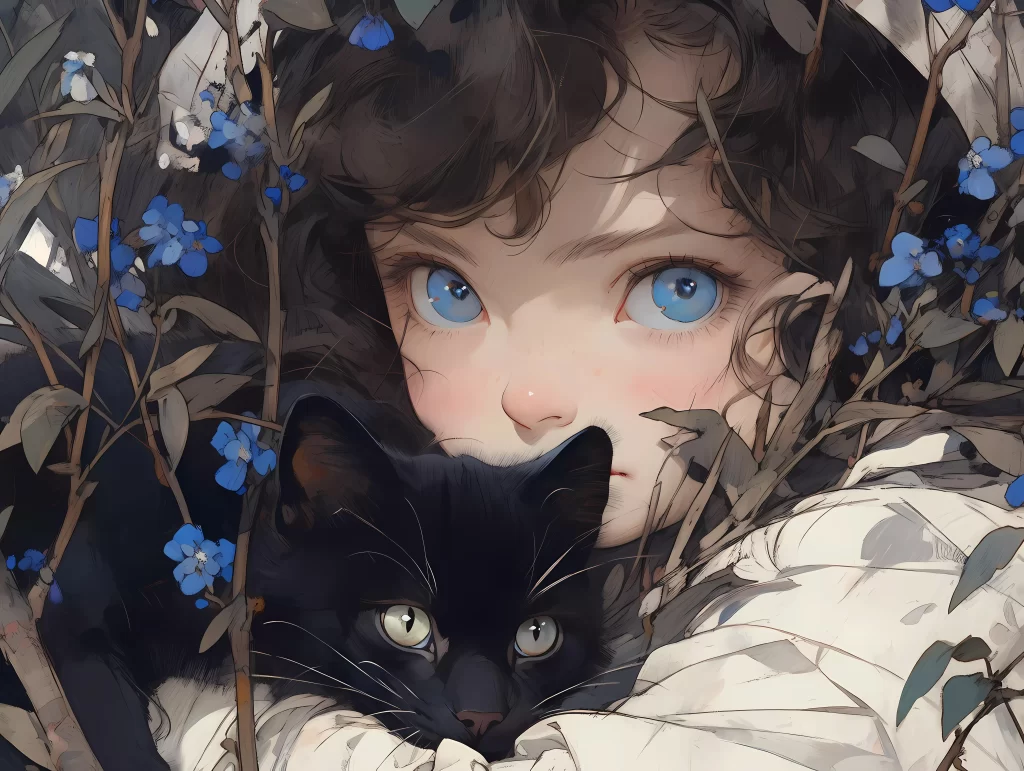 Girl Black Cat Blue Flowers Brown