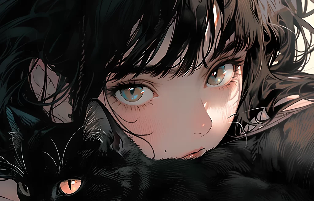 Girl Black Cat Dark Brown Black