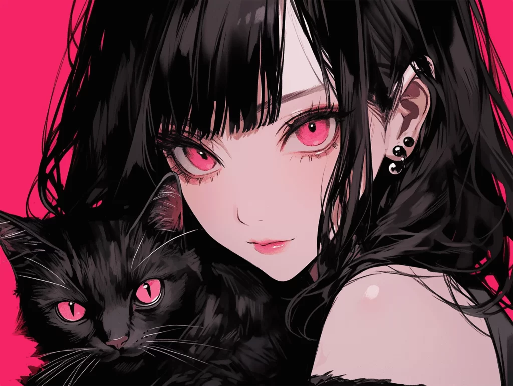 Girl Black Cat Pink Eyes Black