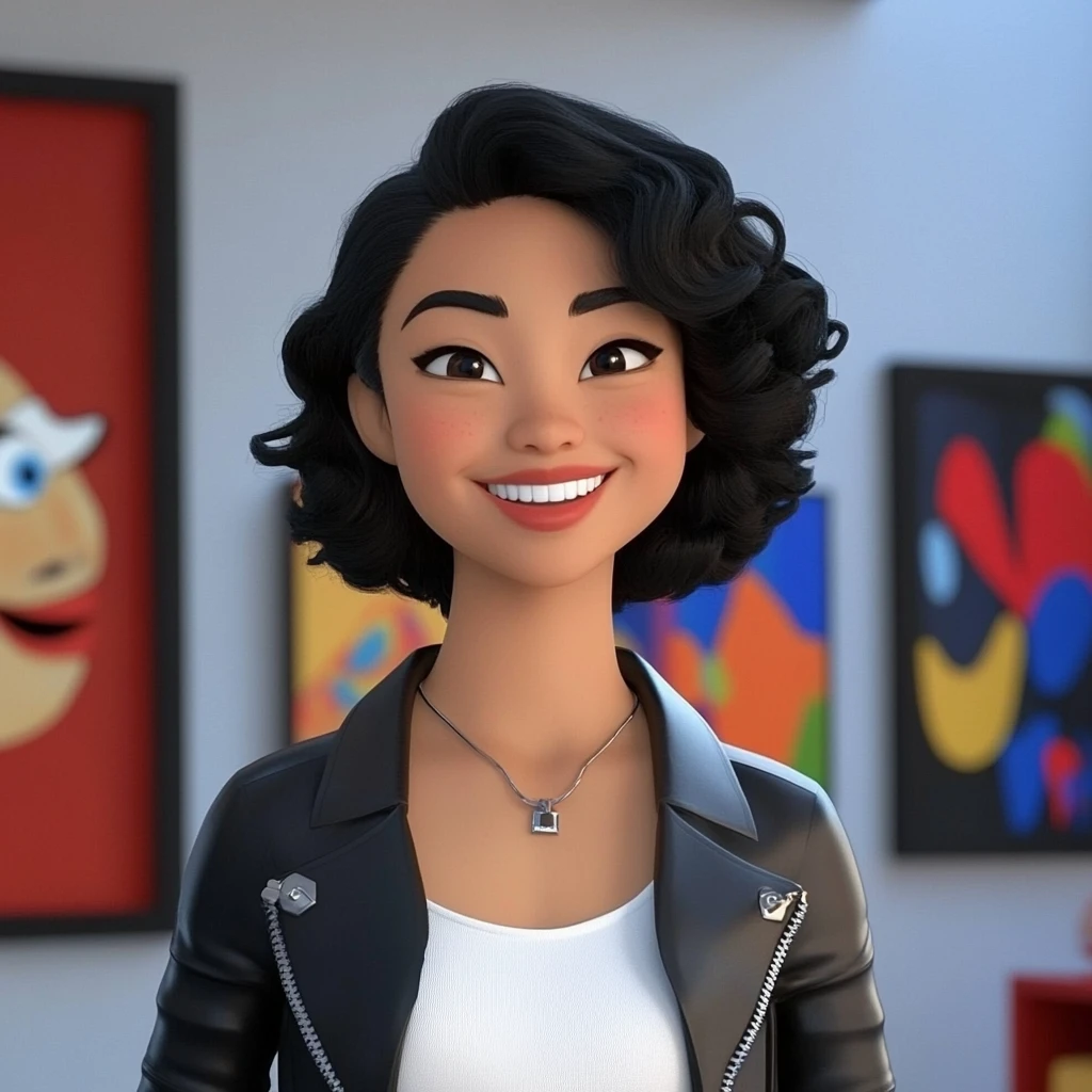 Girl Black Curly Hair Leather Jacket White Top Art Gallery 3d Animation