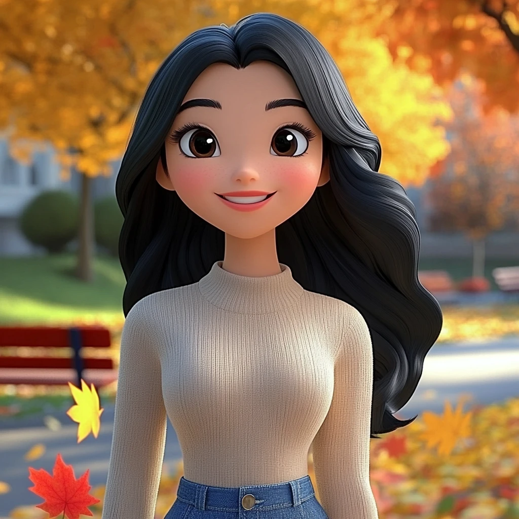 Girl Black Hair Beige Sweater Blue Jeans Autumn Park 3d Animation