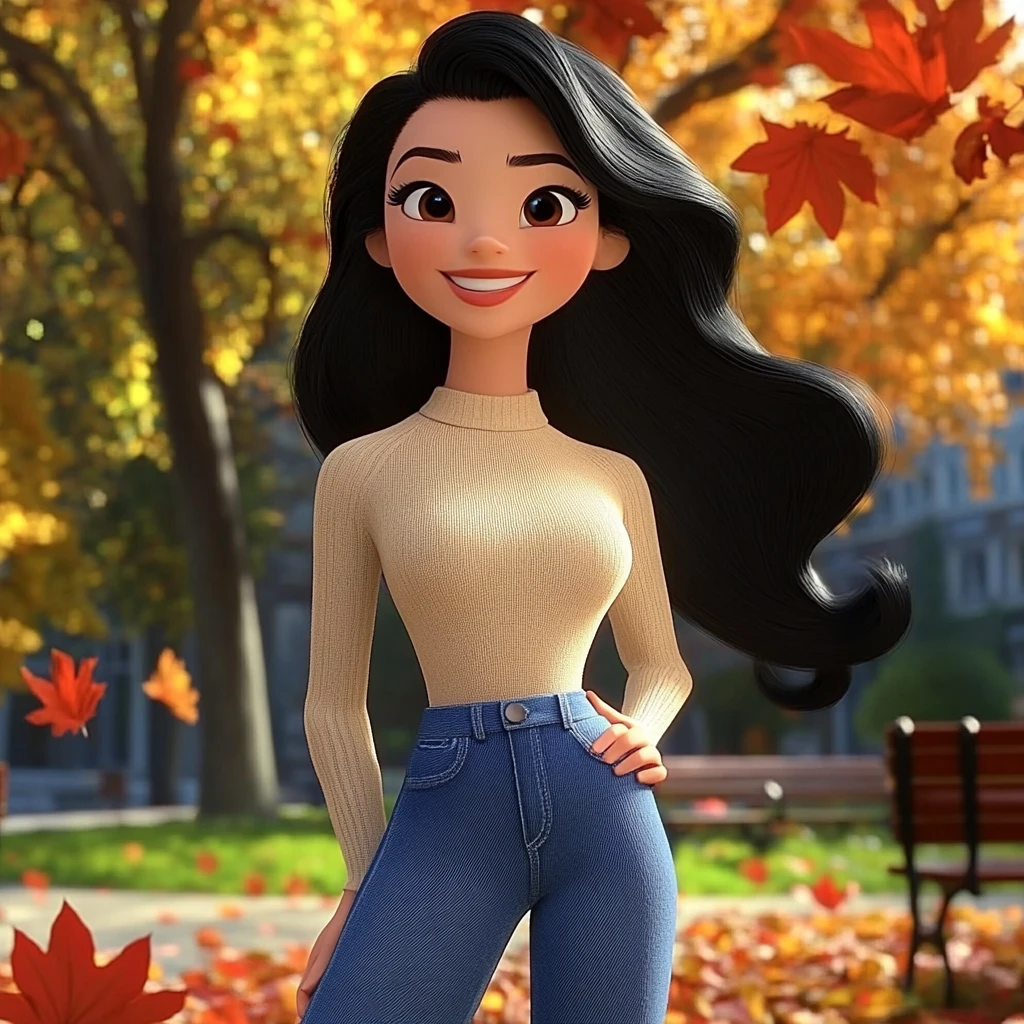 Girl Black Hair Beige Turtleneck Blue Jeans Autumn Park 3d Animation