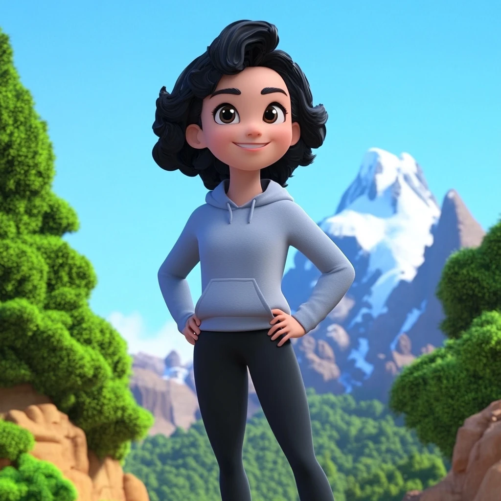 Girl Black Hair Gray Hoodie Black Leggings Mountain Forest 3d Animation
