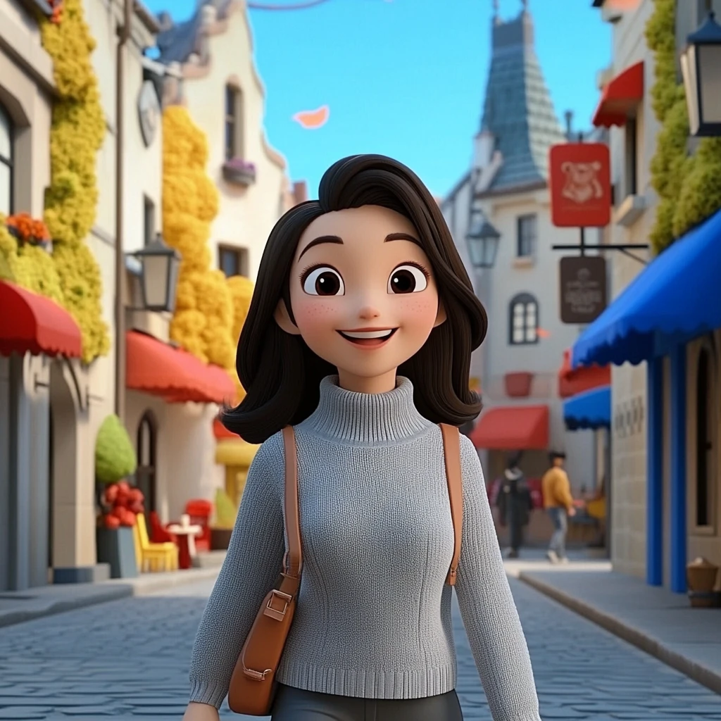 Girl Black Hair Gray Turtleneck Brown Bag European Street 3d Animation