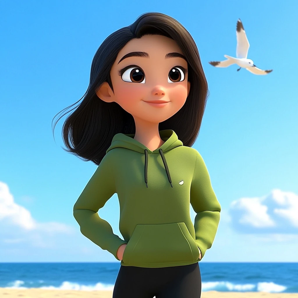 Girl Black Hair Green Hoodie Beach Ocean Seagull 3d Animation