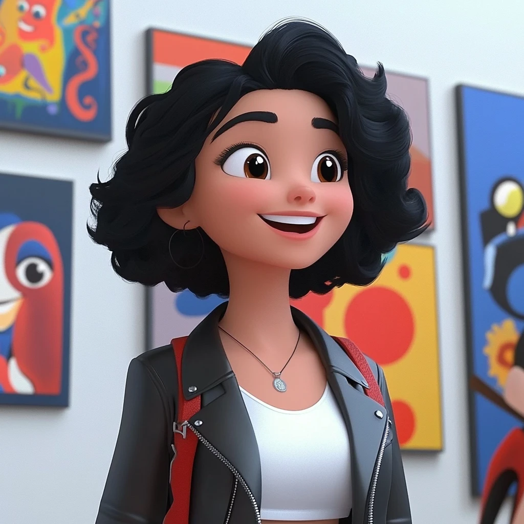 Girl Black Hair Leather Jacket Art Gallery 3d Animation