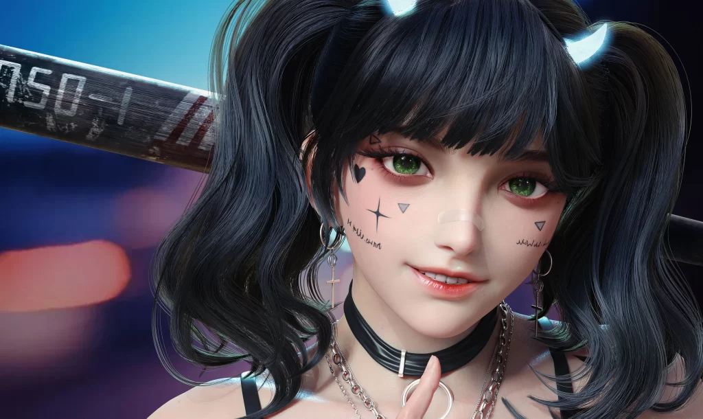 Girl Black Hair Neon Lights Cyberpunk