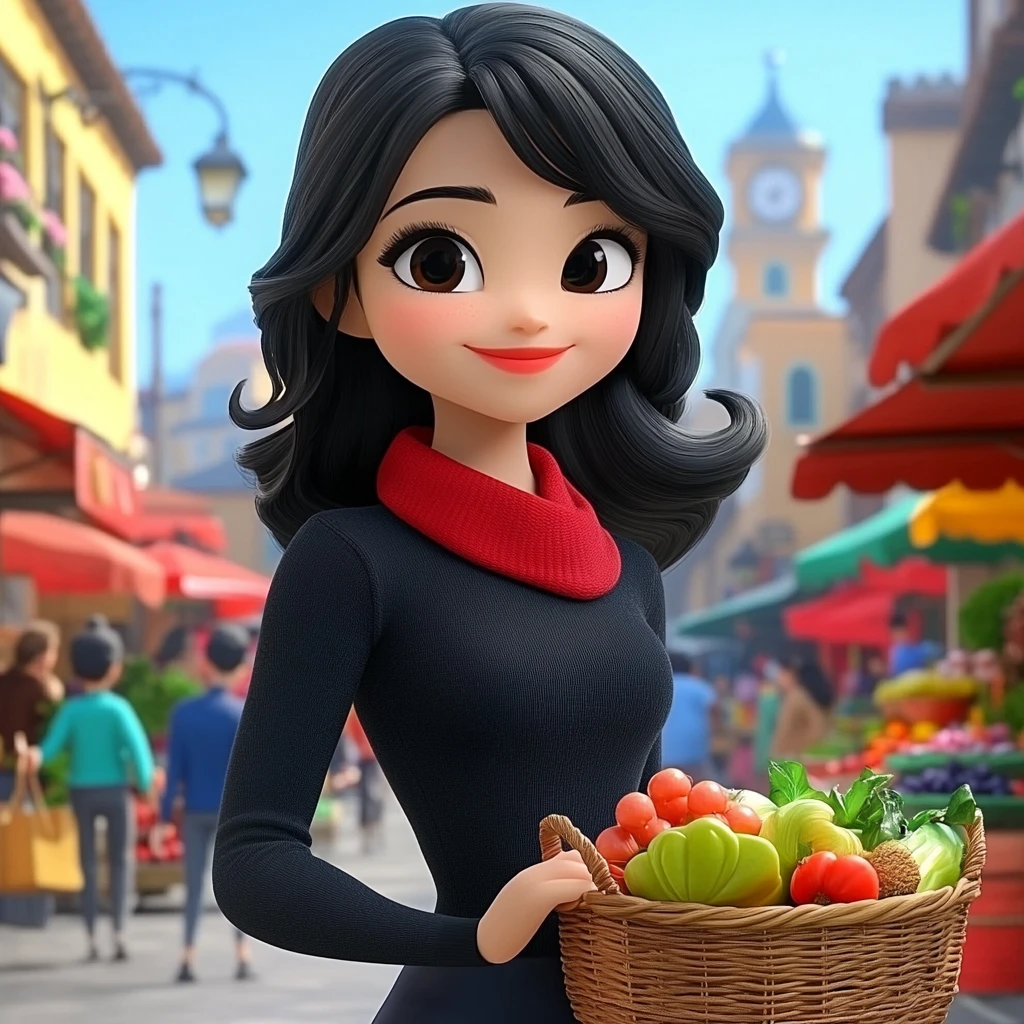 Girl Black Hair Red Scarf Black Dress Market Street 3d Animation
