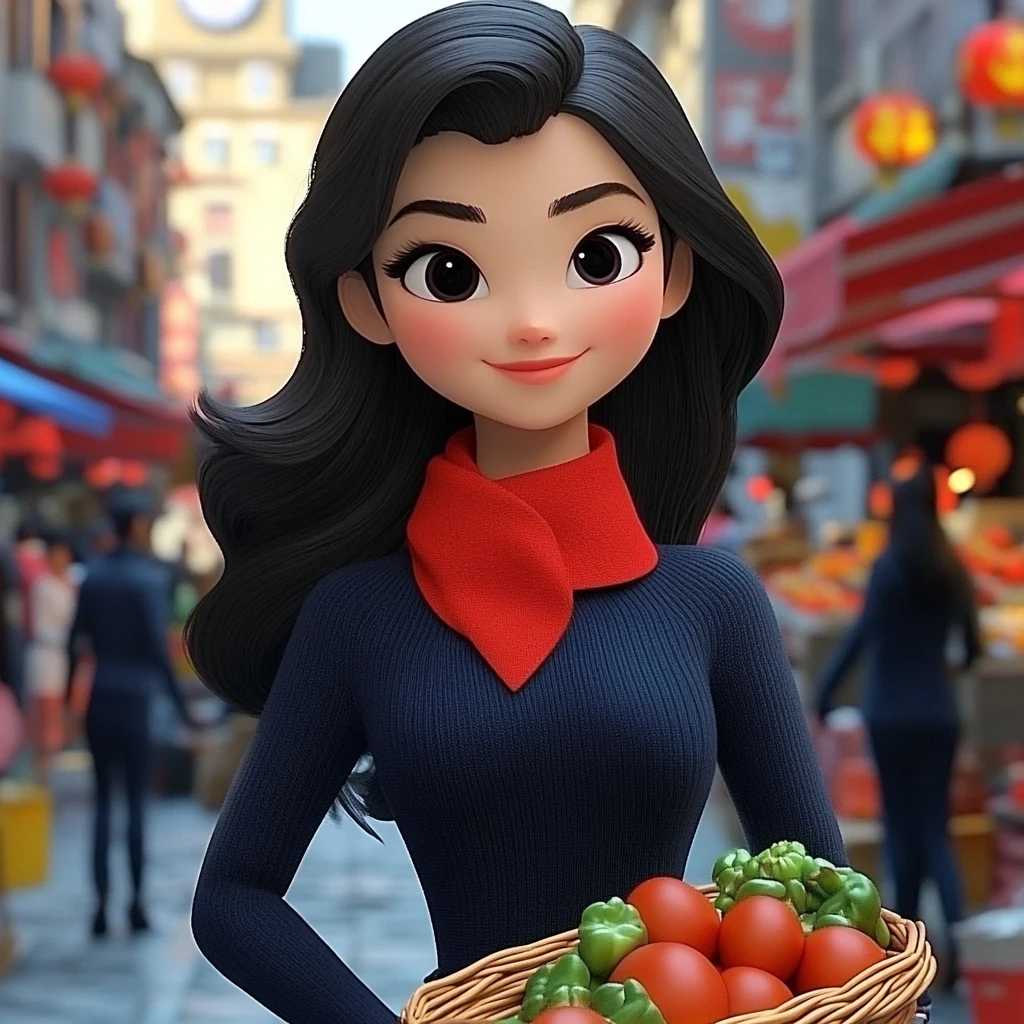 Girl Black Hair Red Scarf Blue Sweater Market Street 3d Animation