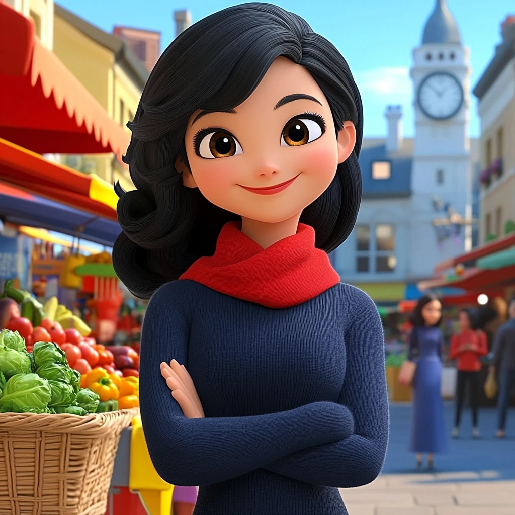 Girl Black Hair Red Scarf Blue Sweater Market Town Clock Tower 3d Animation