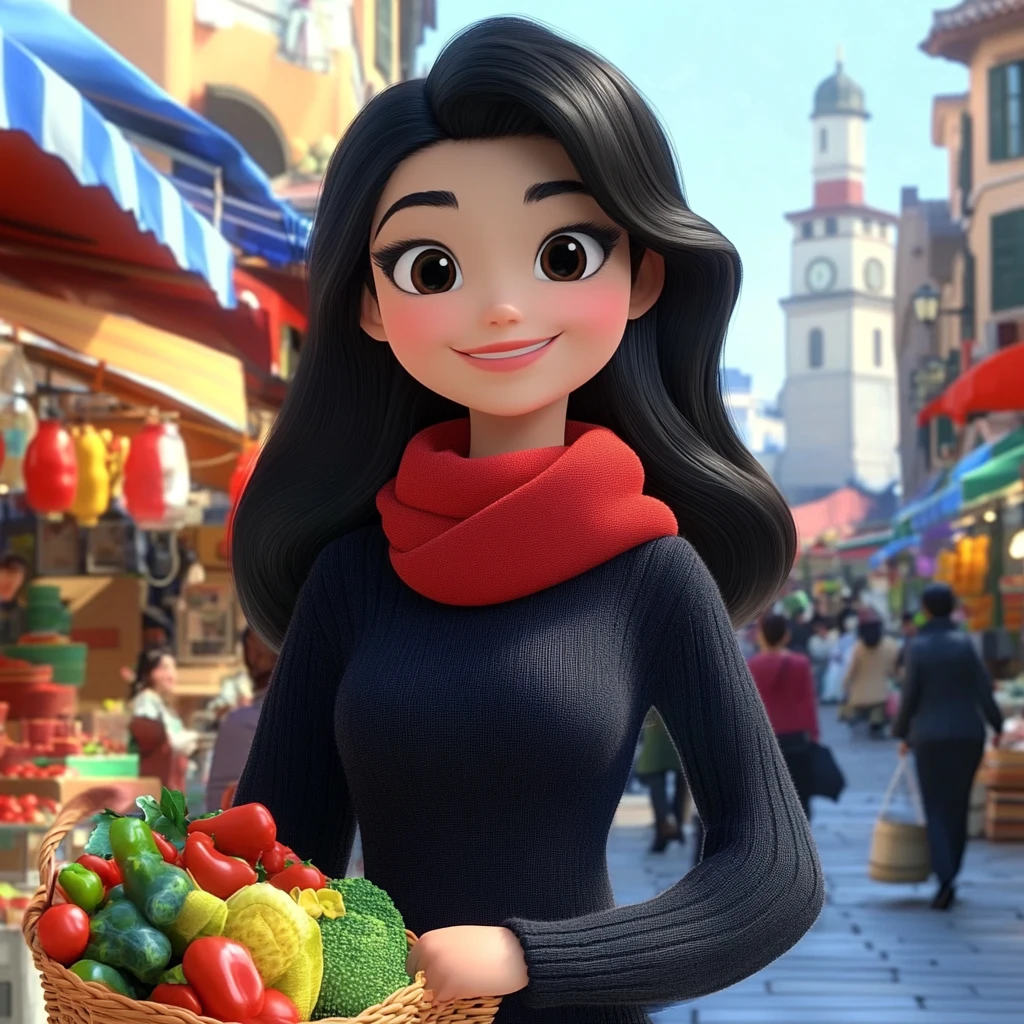 Girl Black Hair Red Scarf Dark Sweater Vegetable Basket Market Street 3d Animation