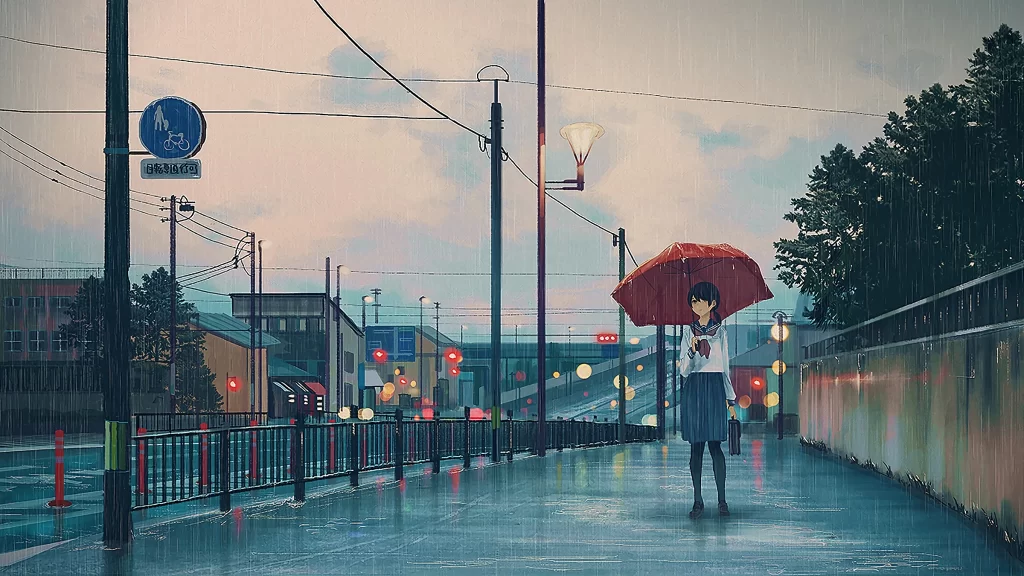 Girl Black Hair School Uniform Rainy