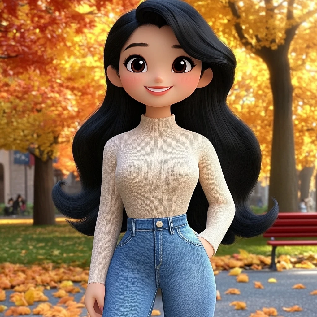 Girl Black Hair Turtleneck Jeans Autumn Park 3d Animation