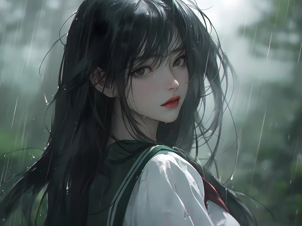Girl Black Hair White Clothing Rainy