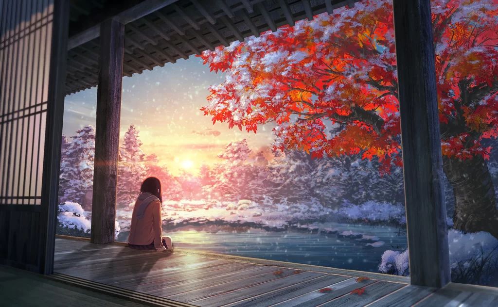 Girl Black Hair Winter Landscape